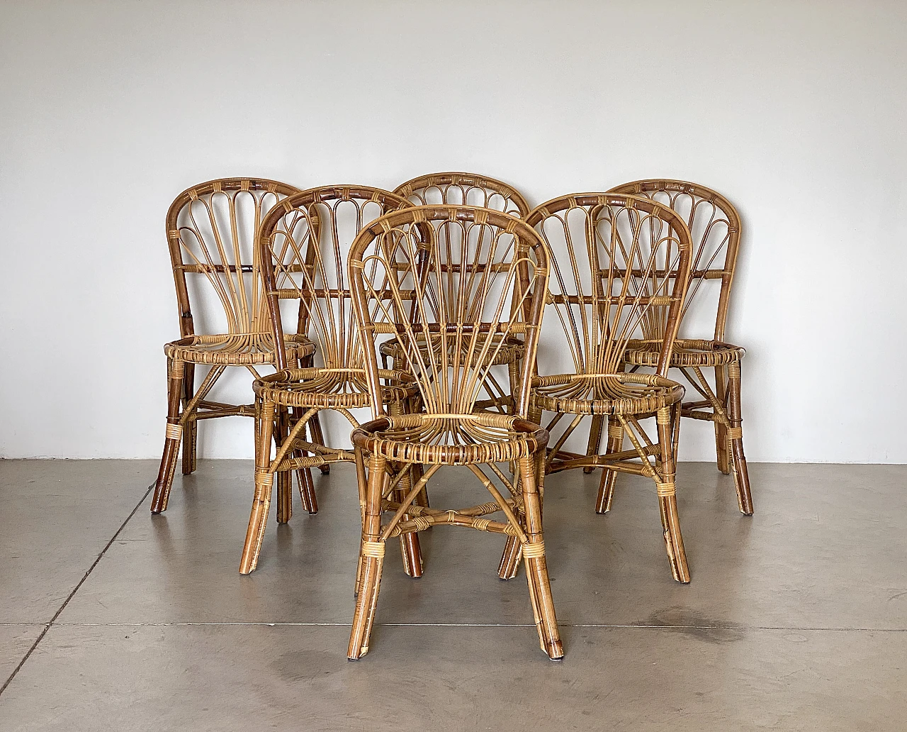 6 Chairs in bamboo and rush, 1970s 2