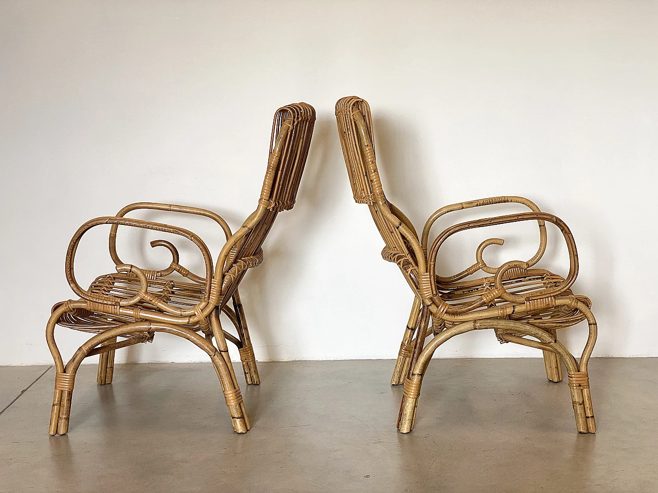 Pair of rush and bamboo armchairs, 1970s 1