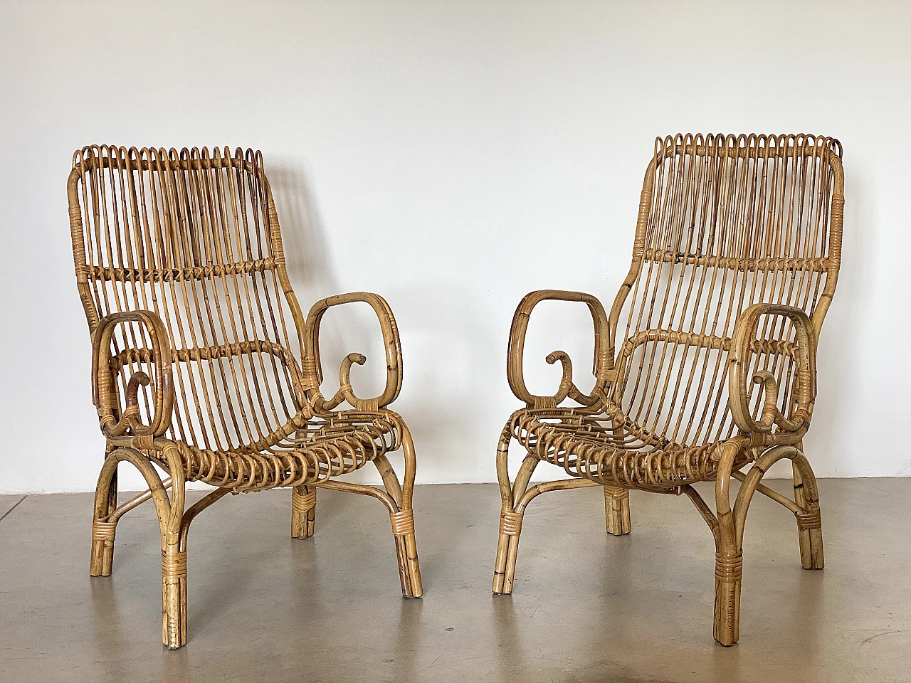 Pair of rush and bamboo armchairs, 1970s 5