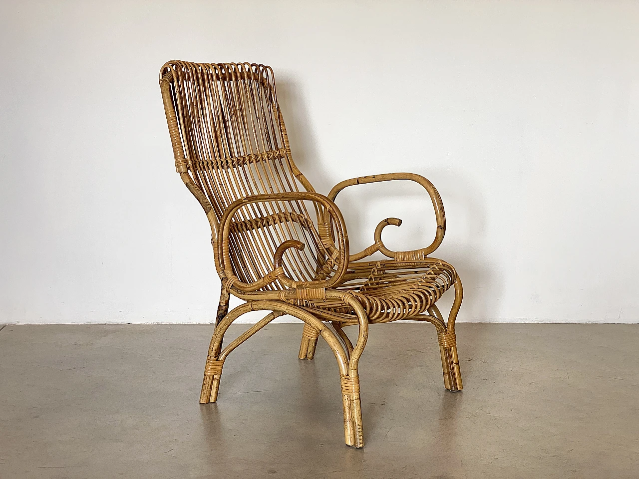 Pair of rush and bamboo armchairs, 1970s 6