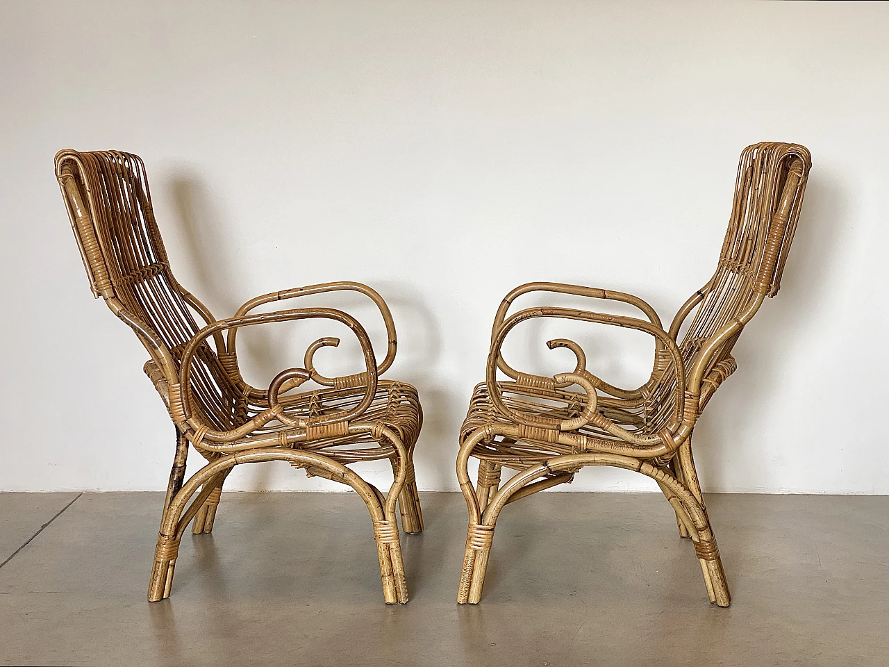 Pair of rush and bamboo armchairs, 1970s 7