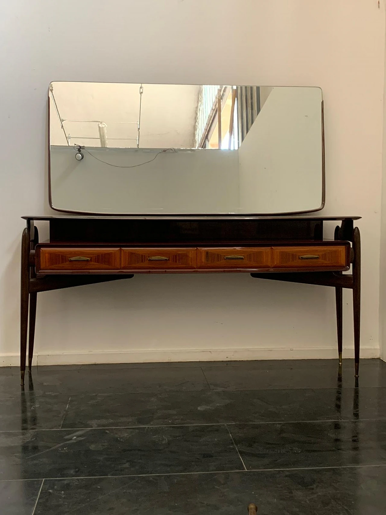 Console with mirror from the 1950s in mahogany and rosewood with brass 1