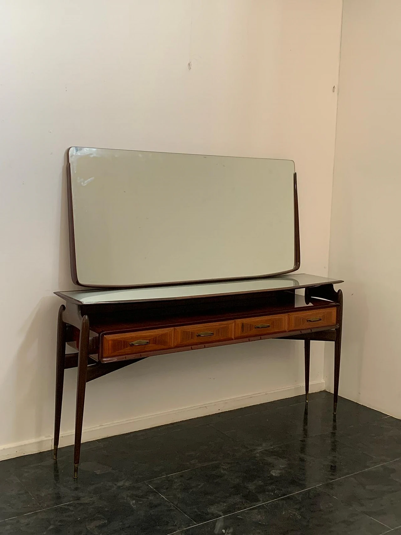 Console with mirror from the 1950s in mahogany and rosewood with brass 2