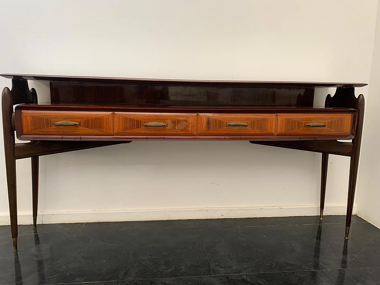 Console with mirror from the 1950s in mahogany and rosewood with brass 3