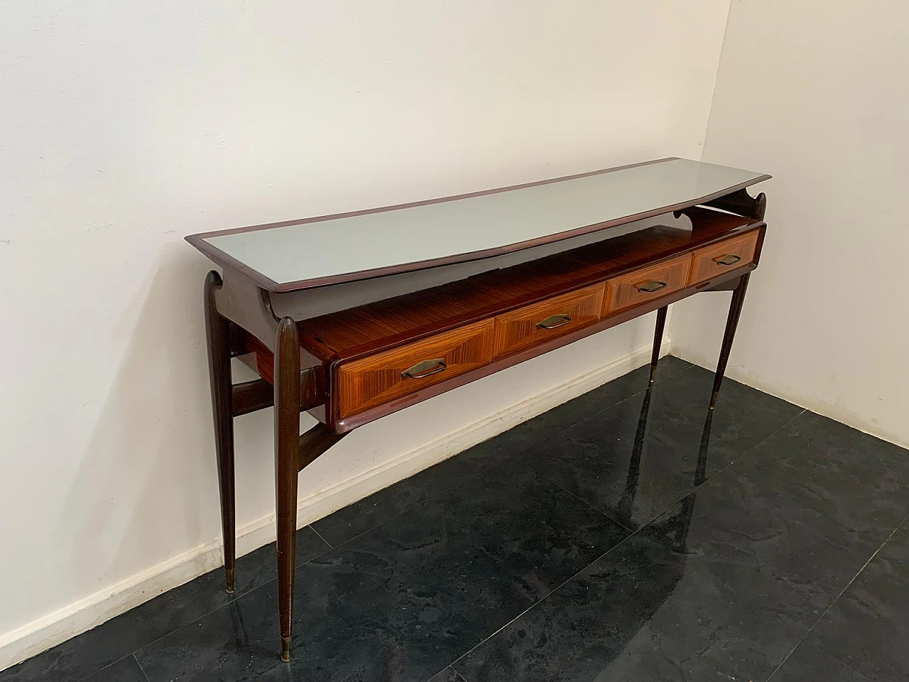 Console with mirror from the 1950s in mahogany and rosewood with brass 4