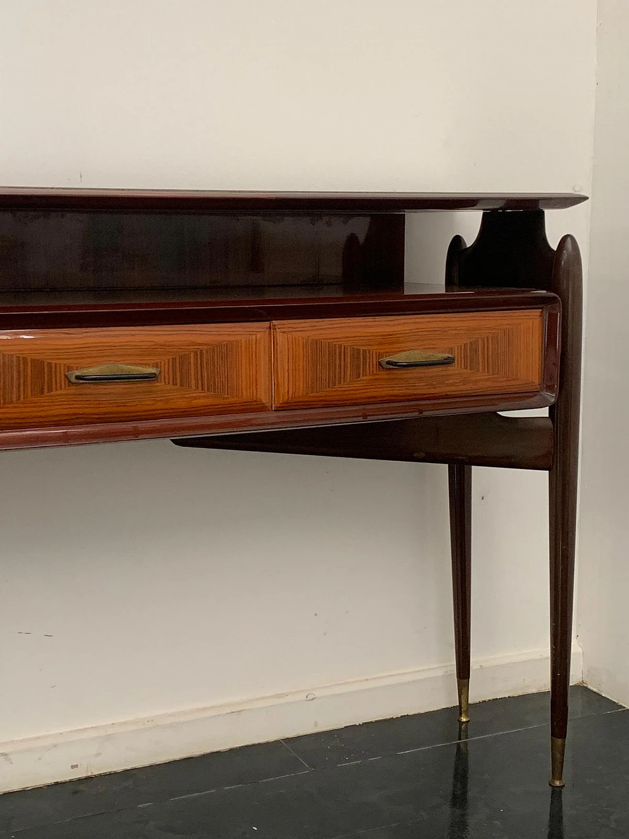 Console with mirror from the 1950s in mahogany and rosewood with brass 5