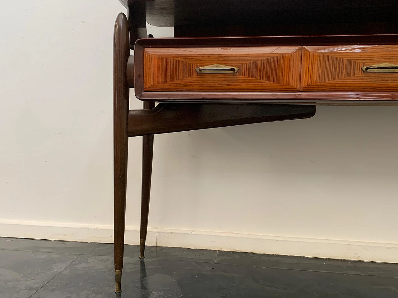 Console with mirror from the 1950s in mahogany and rosewood with brass 6