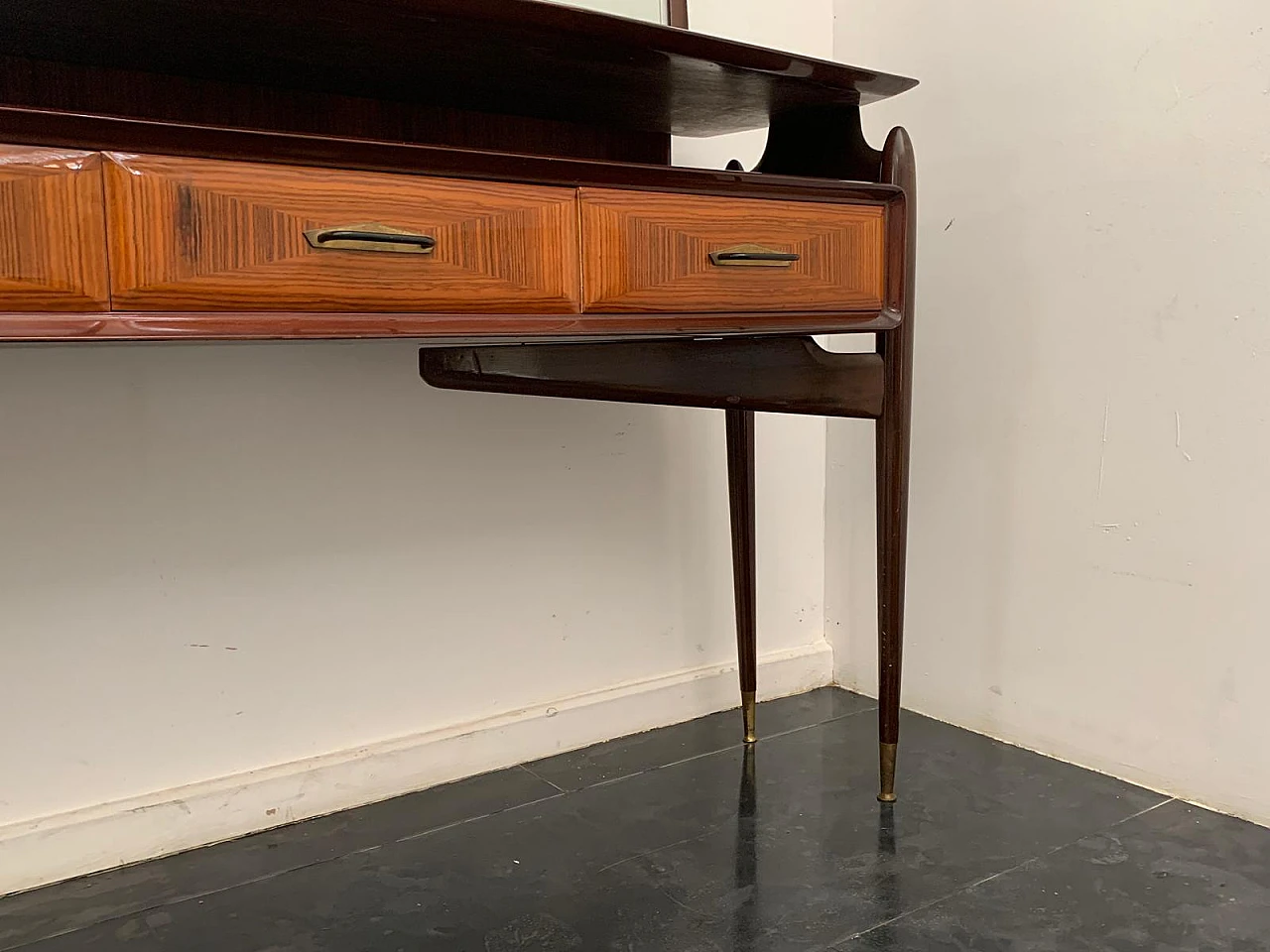 Console with mirror from the 1950s in mahogany and rosewood with brass 7