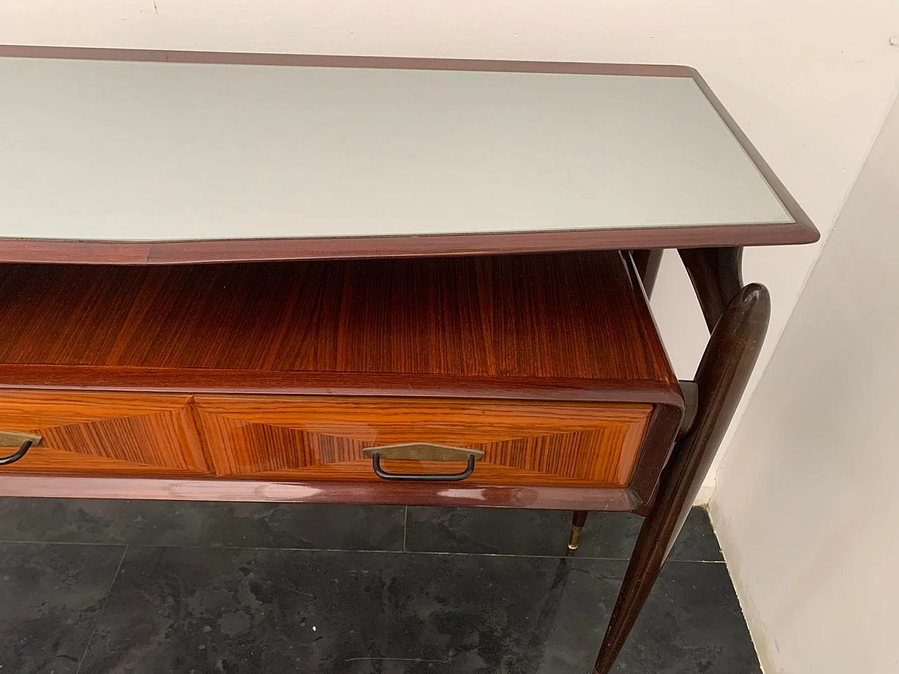 Console with mirror from the 1950s in mahogany and rosewood with brass 8