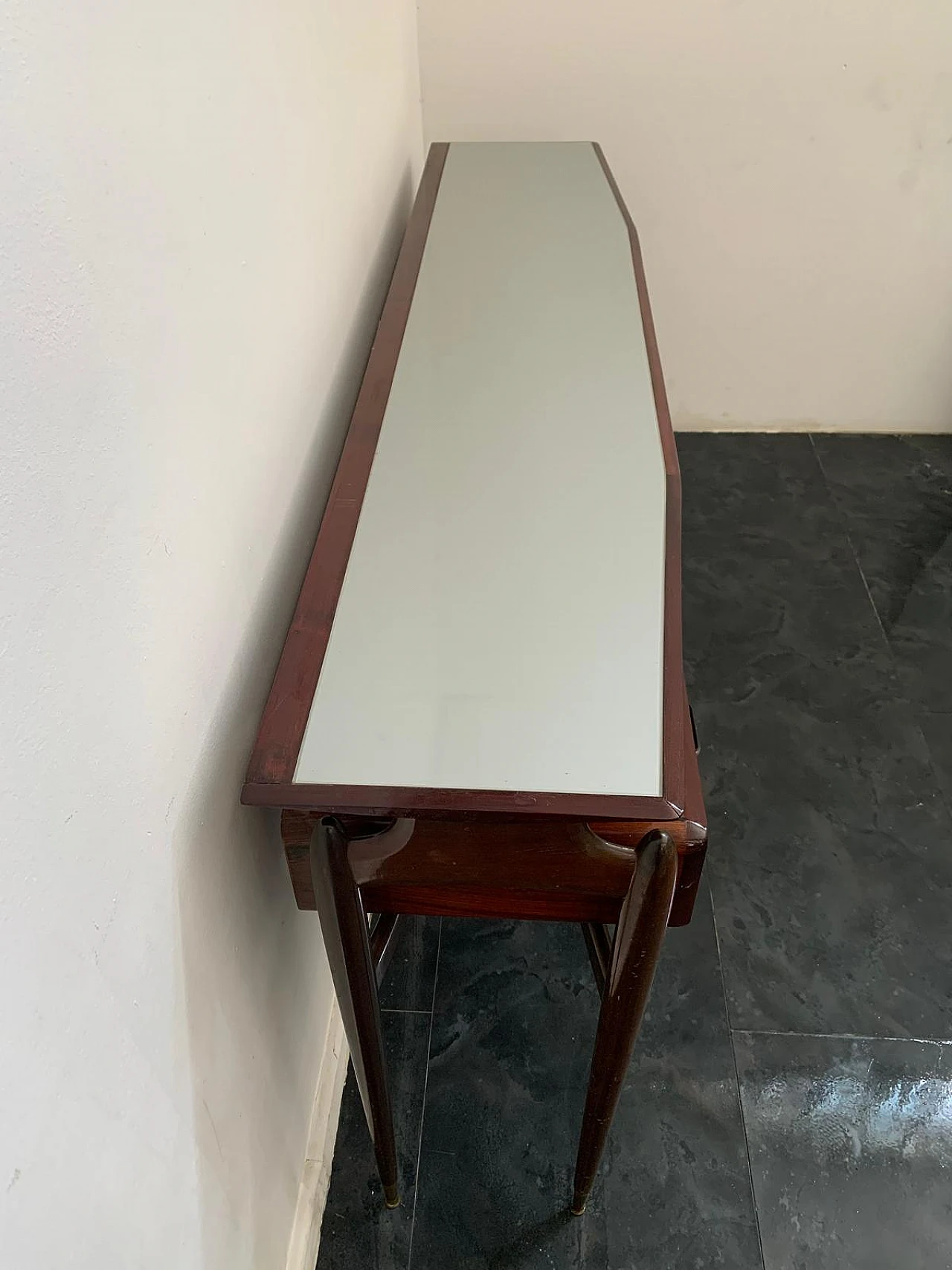 Console with mirror from the 1950s in mahogany and rosewood with brass 10