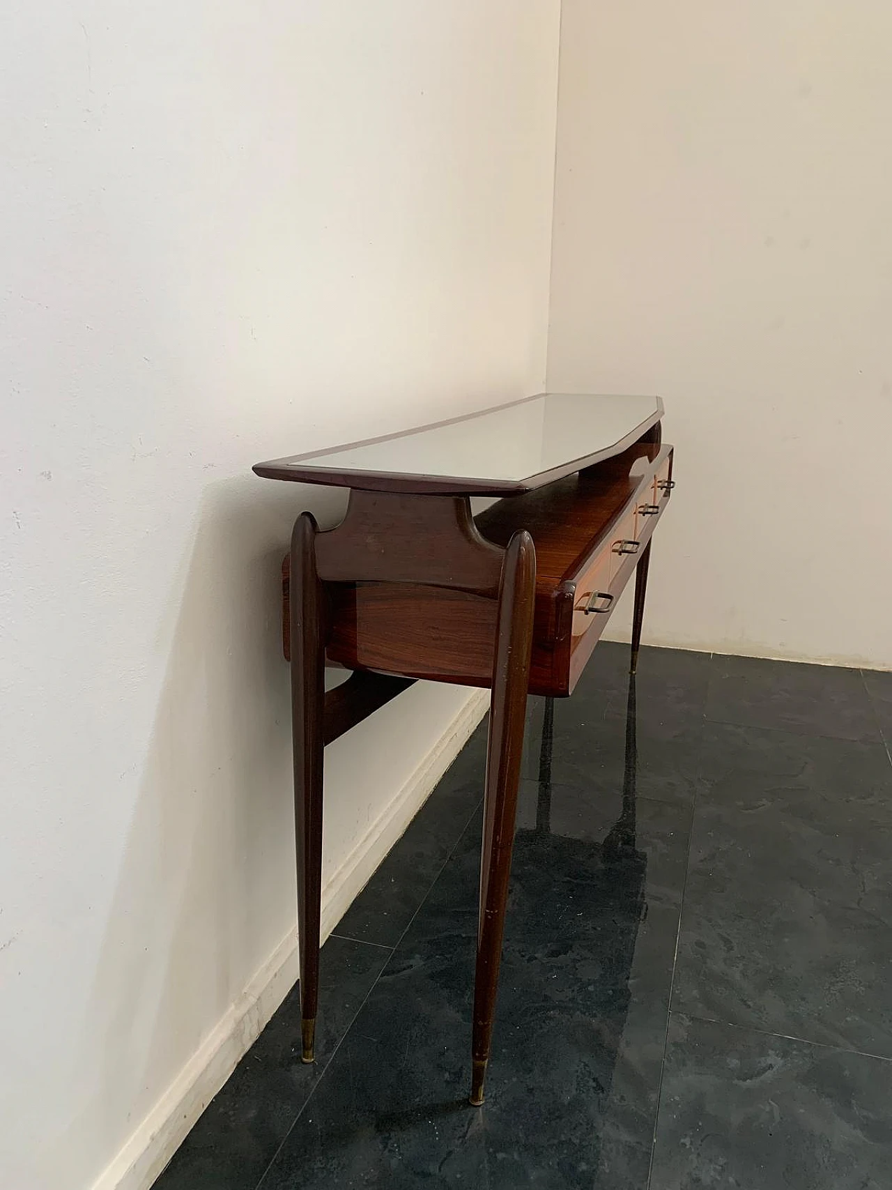 Console with mirror from the 1950s in mahogany and rosewood with brass 11