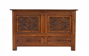 Wooden chest with carvings and two drawers, 1950s