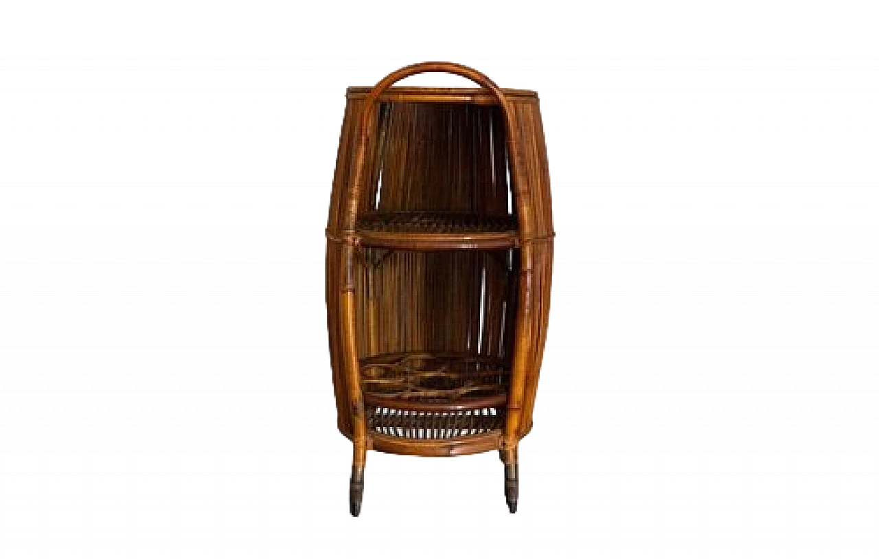 Bamboo bar cart with two shelves and iron wheels, 1970s 8