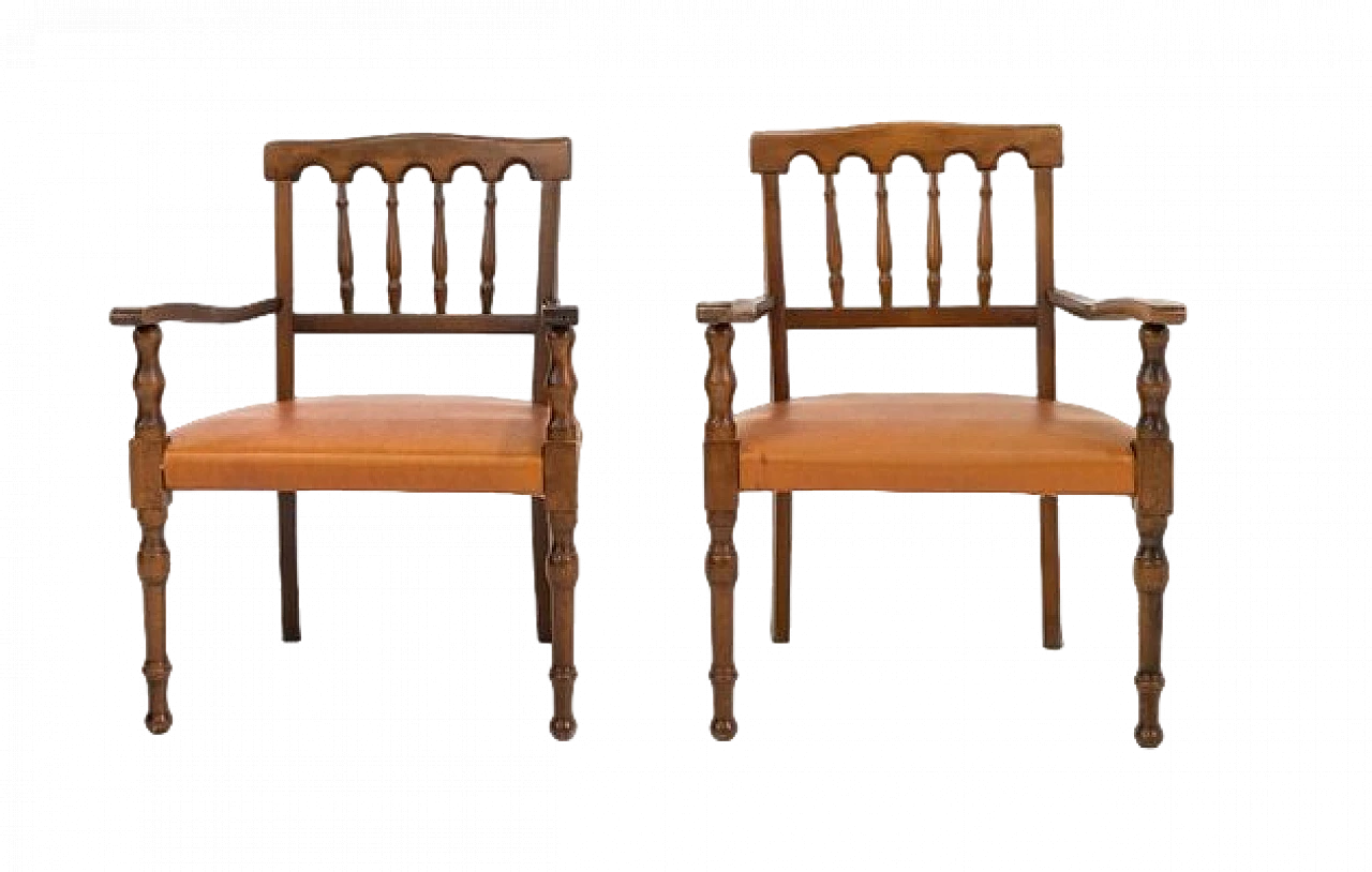 Pair of wooden armchairs with leatherette seat, 1970s 7