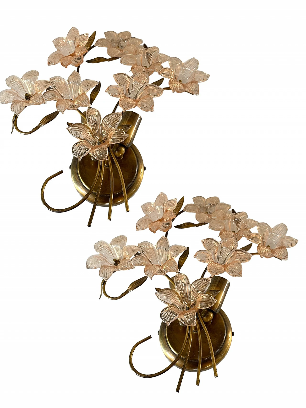 Pair of wall lights with pink Murano glass flowers, 1970s 1