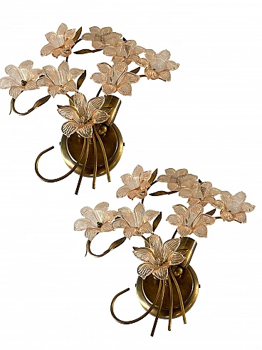 Pair of wall lights with pink Murano glass flowers, 1970s