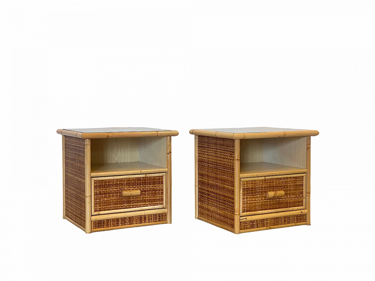 Pair of bedside tables in wicker and bamboo, 1980s 12