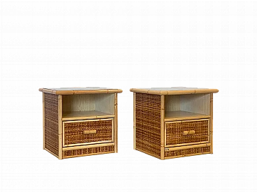 Pair of bedside tables in wicker and bamboo, 1980s