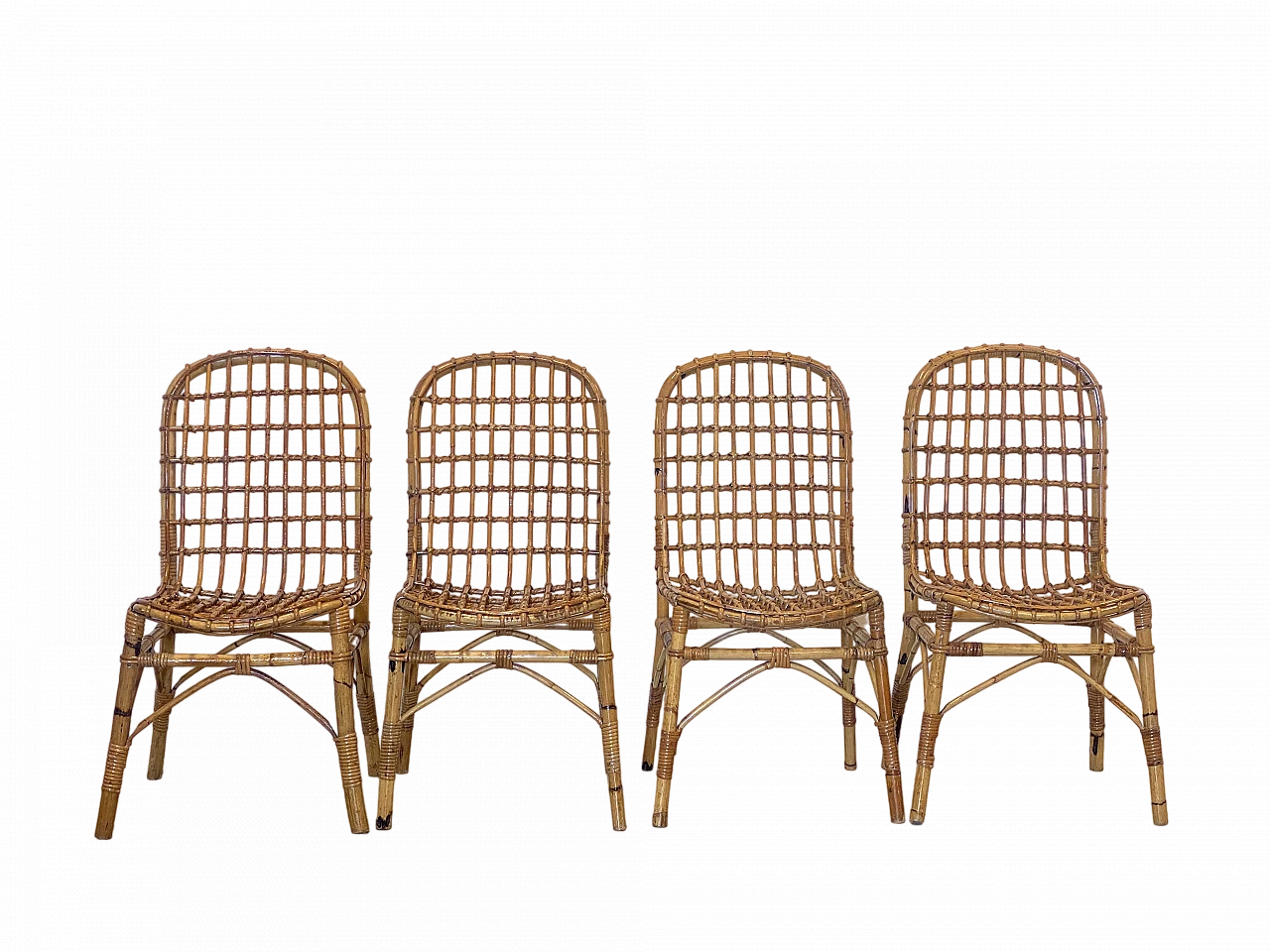 4 Rush and bamboo chairs in the style of Tito Agnoli, 1970s 12