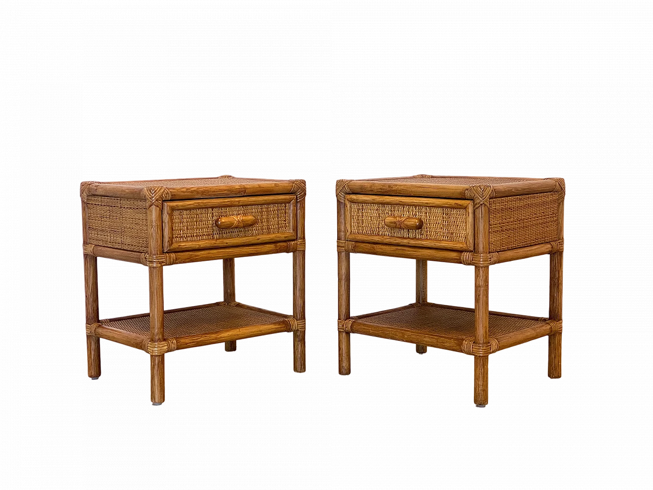 Pair of bedside tables in wicker and bamboo, 1970s 16