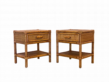 Pair of bedside tables in wicker and bamboo, 1970s