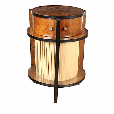 Cylindrical walnut & pleated fabric side table with pull-out drawers