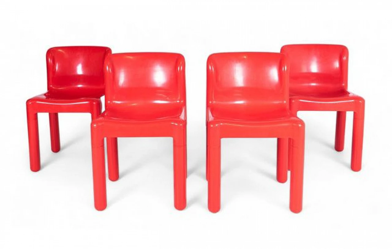 4 Chairs 4875 in red plastic by Carlo Bartoli for Kartell, 1970s 1