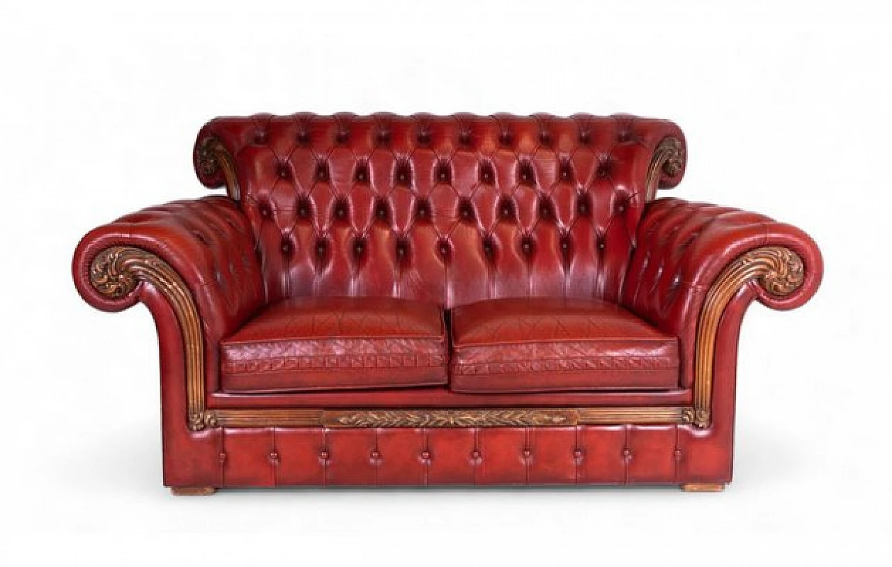 Two seater Chesterfield sofa in real red leather, 2000s 1