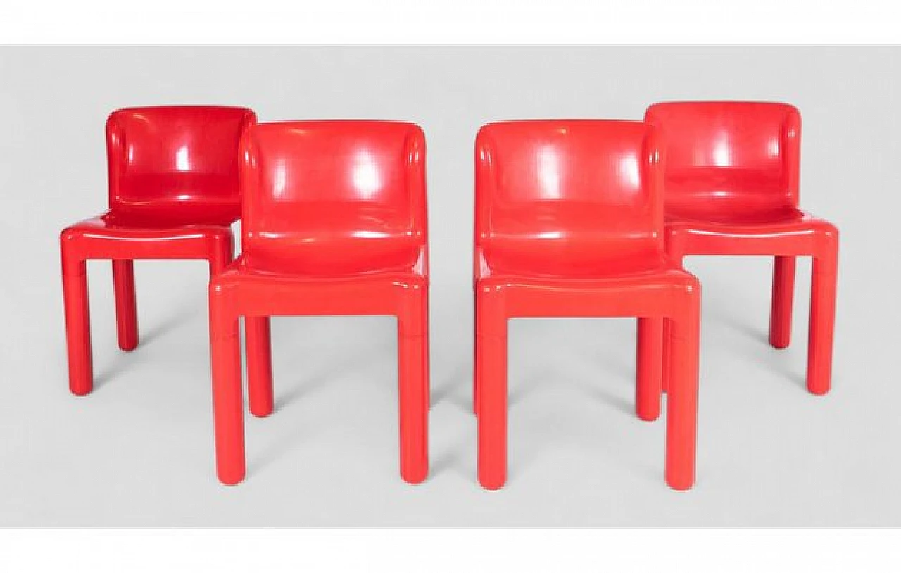 4 Chairs 4875 in red plastic by Carlo Bartoli for Kartell, 1970s 2