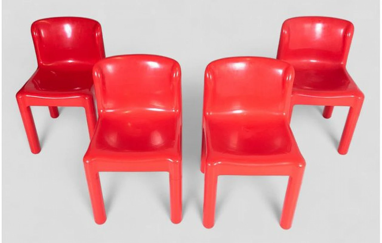 4 Chairs 4875 in red plastic by Carlo Bartoli for Kartell, 1970s 3