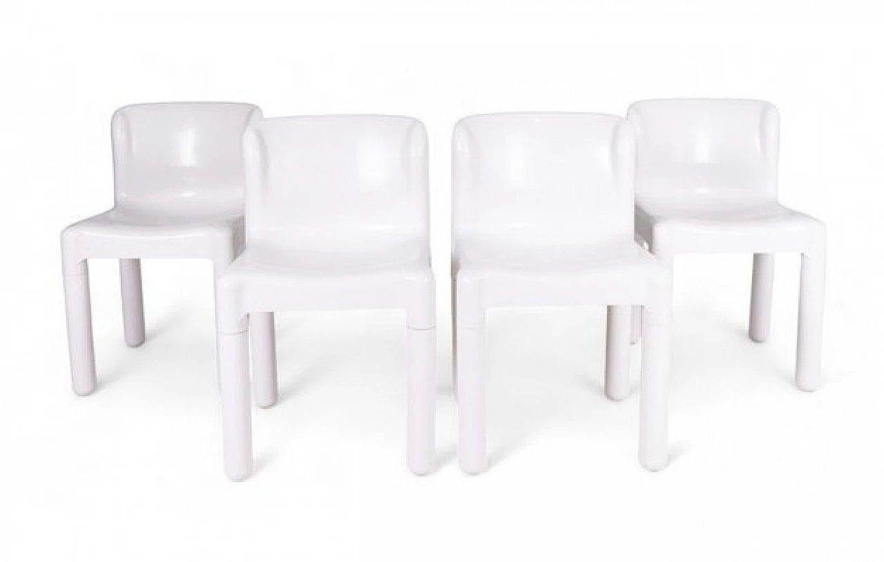 4 Chairs 4875 in white plastic by Carlo Bartoli for Kartell, 1970s 1