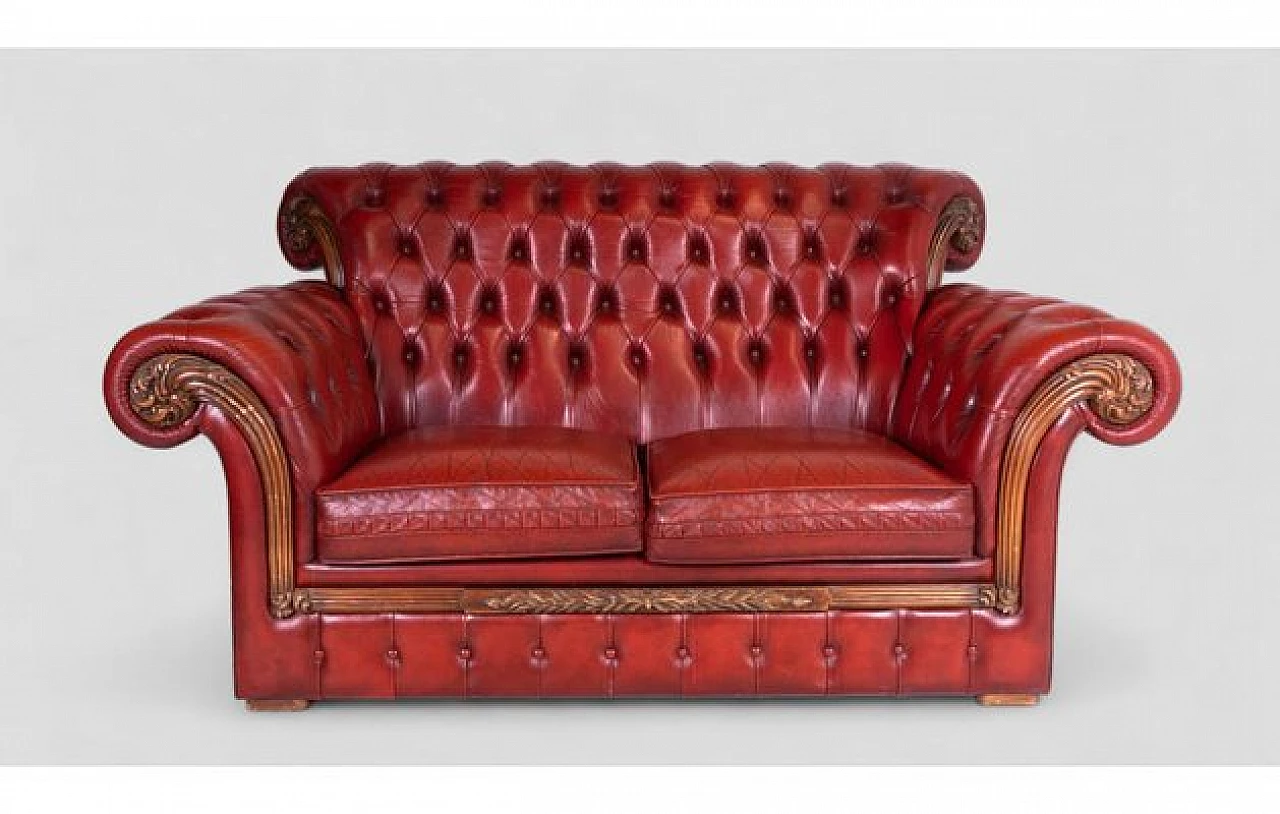 Two seater Chesterfield sofa in real red leather, 2000s 2