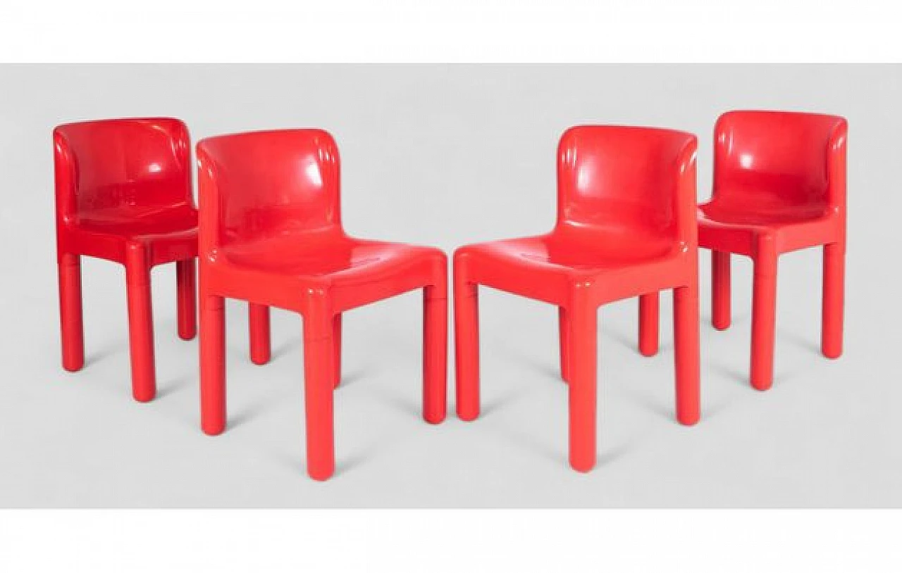4 Chairs 4875 in red plastic by Carlo Bartoli for Kartell, 1970s 4
