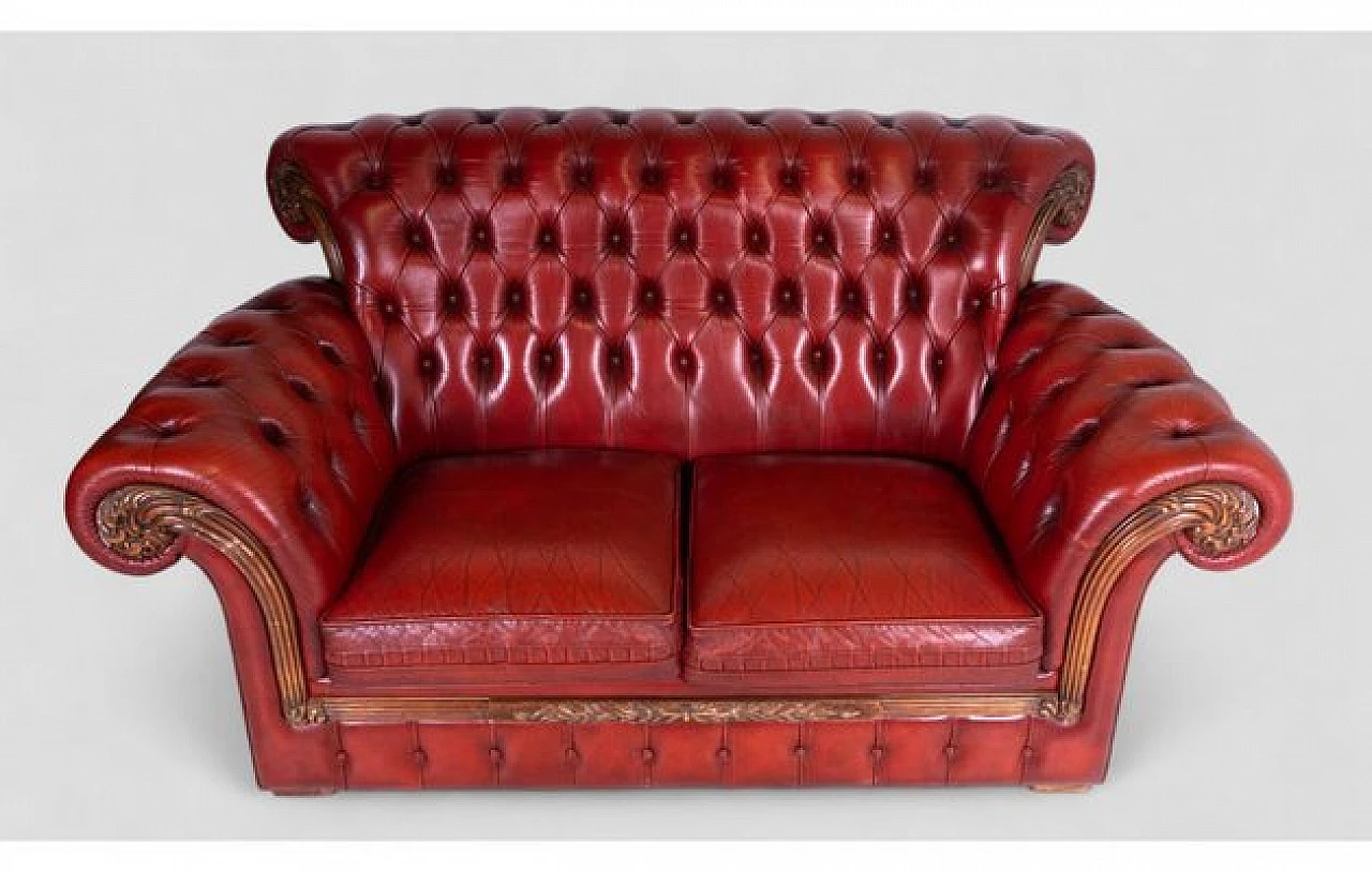Two seater Chesterfield sofa in real red leather, 2000s 3