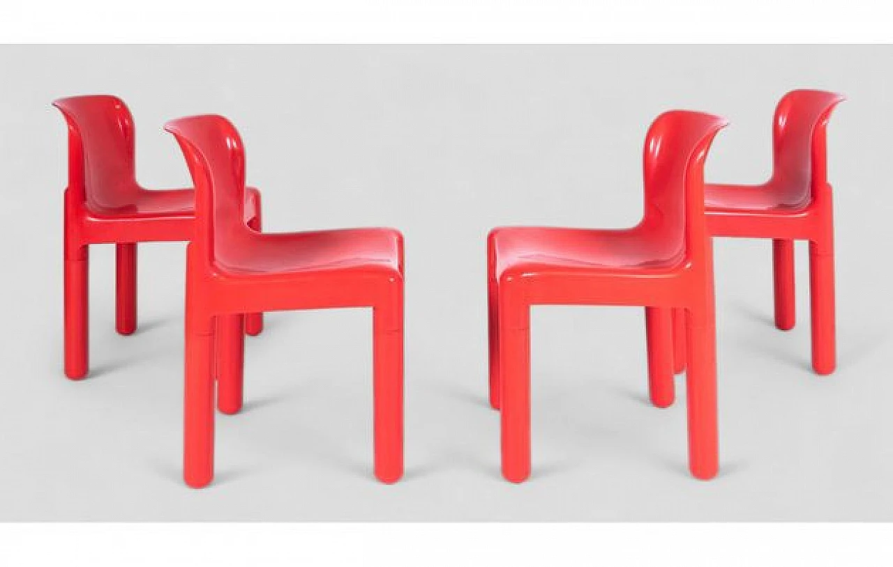 4 Chairs 4875 in red plastic by Carlo Bartoli for Kartell, 1970s 5