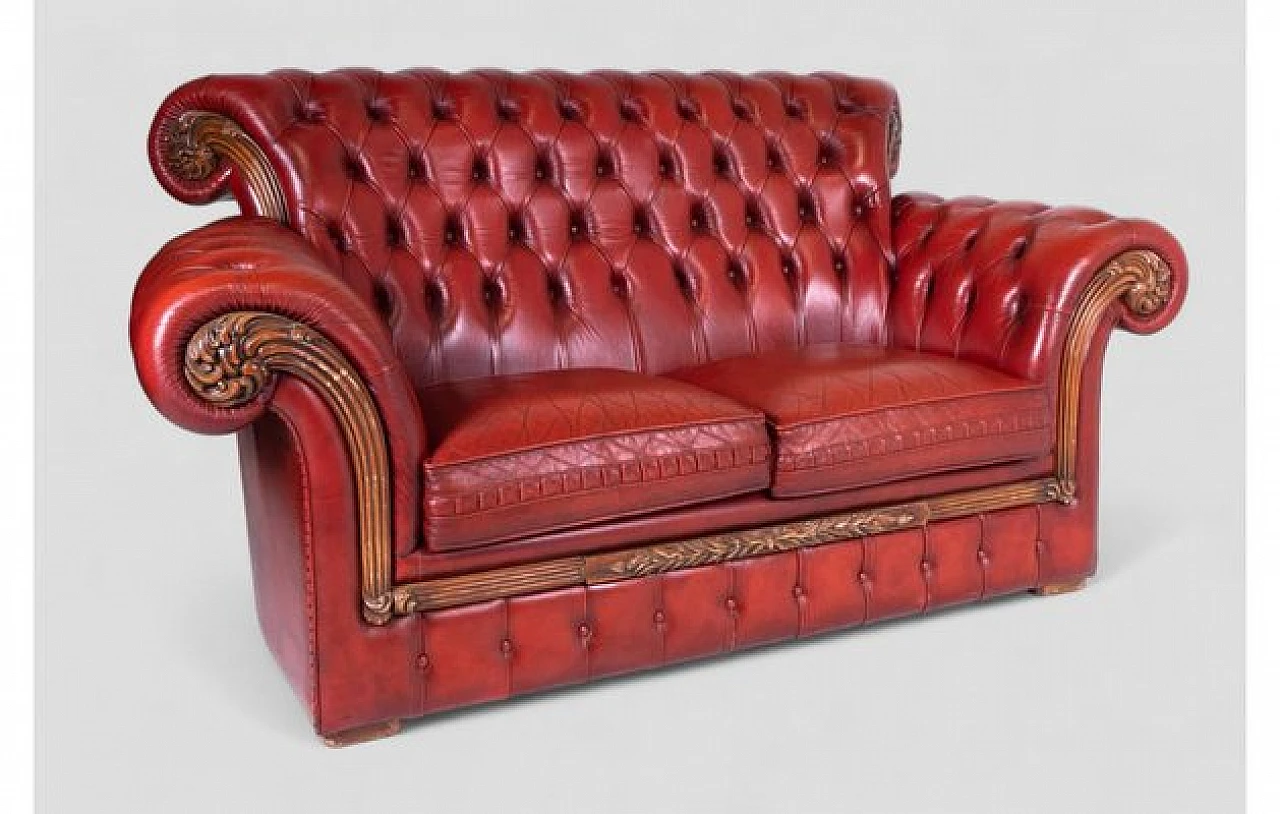 Two seater Chesterfield sofa in real red leather, 2000s 4