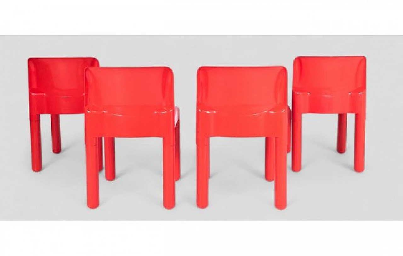 4 Chairs 4875 in red plastic by Carlo Bartoli for Kartell, 1970s 6