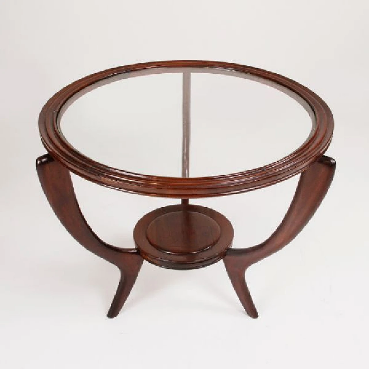 Round wood coffee table with glass top, 1950s 1