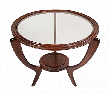 Round wood coffee table with glass top, 1950s