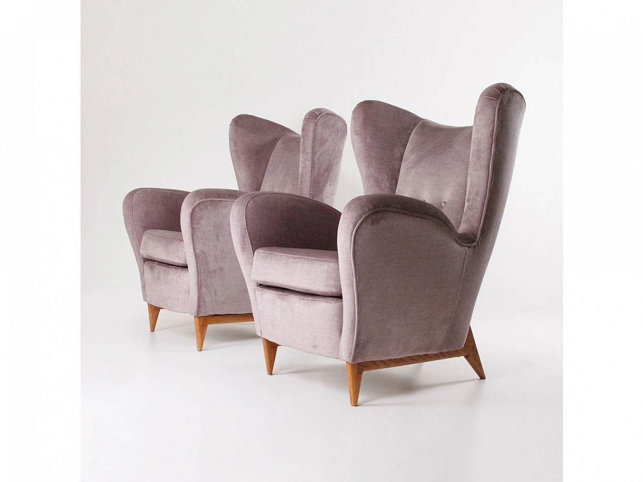 Pair of wood and purple-grey velvet armchairs, 1960s 1