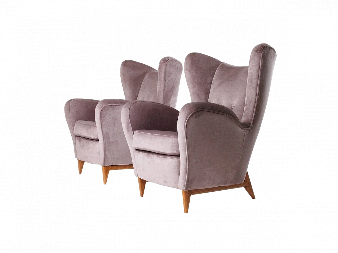 Pair of wood and purple-grey velvet armchairs, 1960s 2