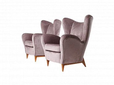 Pair of wood and purple-grey velvet armchairs, 1960s