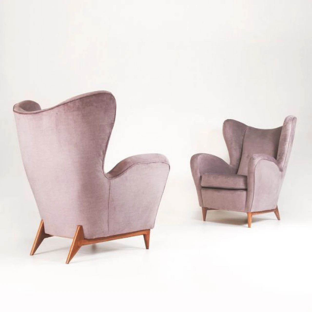 Pair of wood and purple-grey velvet armchairs, 1960s 3