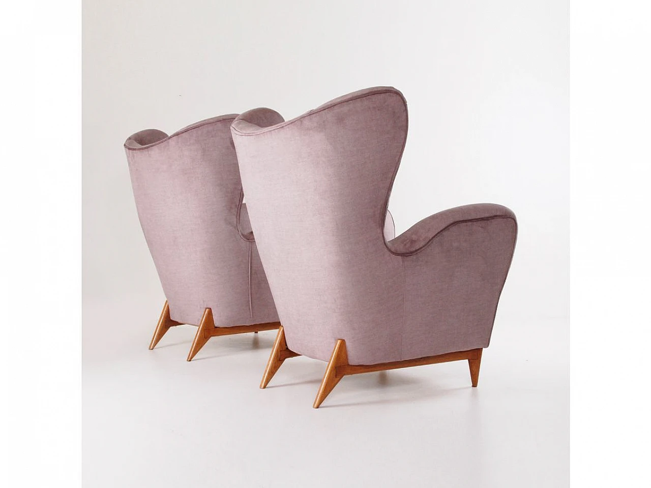 Pair of wood and purple-grey velvet armchairs, 1960s 4