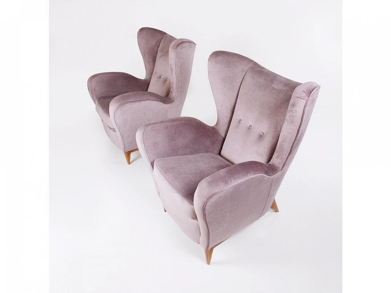 Pair of wood and purple-grey velvet armchairs, 1960s 5