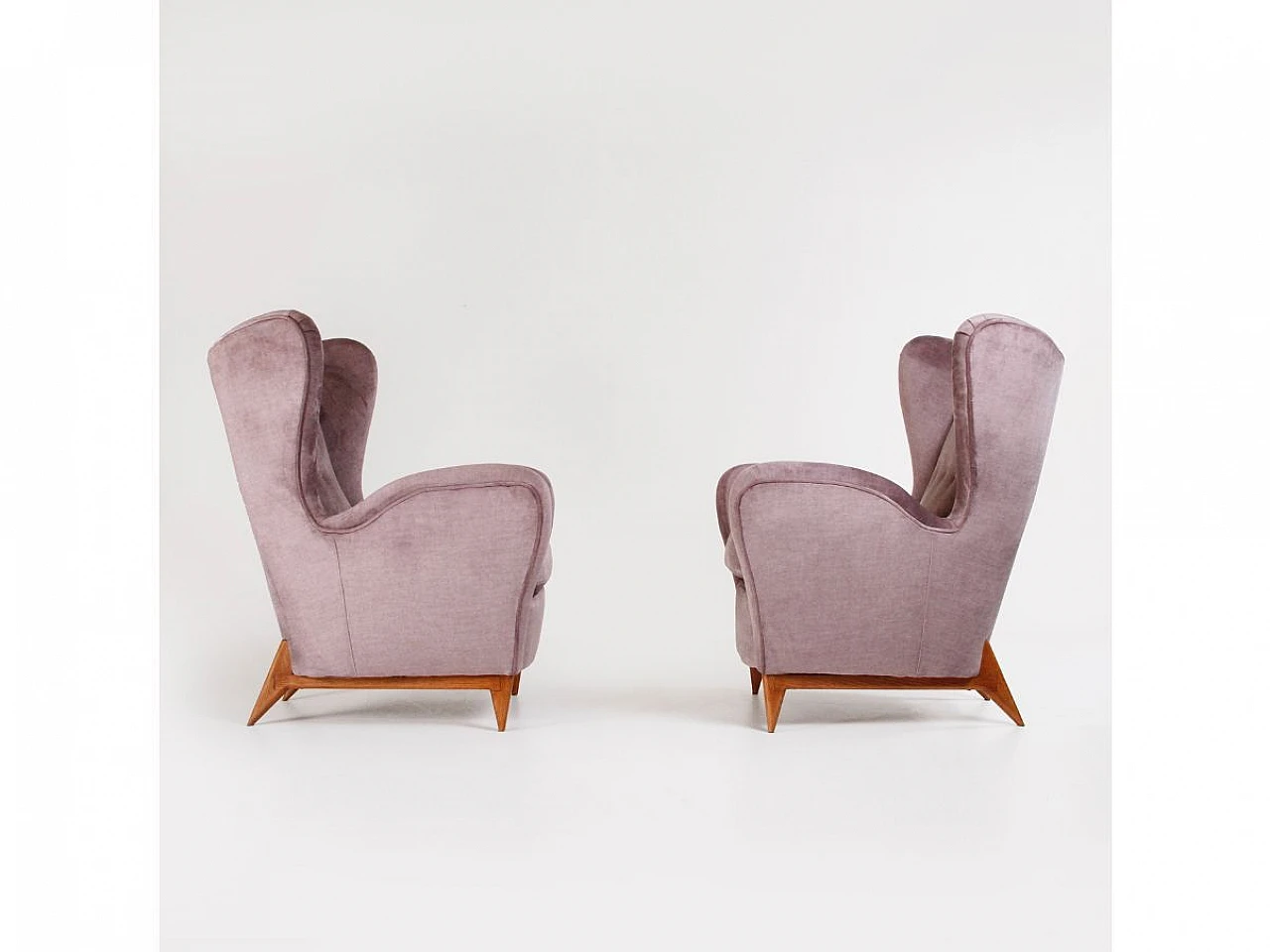 Pair of wood and purple-grey velvet armchairs, 1960s 6