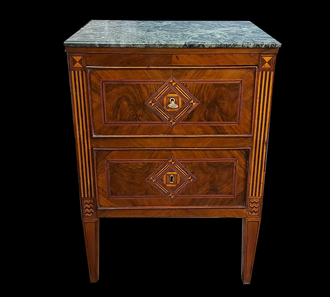 Walnut cabinet with boxwood inlay and green marble top, 18th century 1