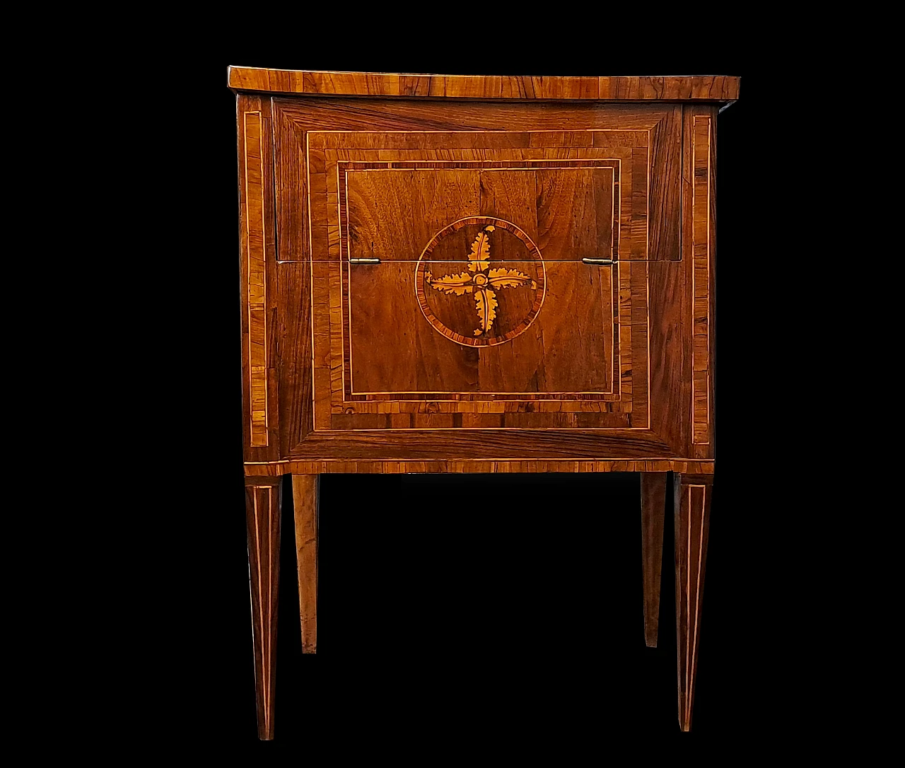 Inlaid bedside table in walnut, boxwood and bois de rose, 18th century 1