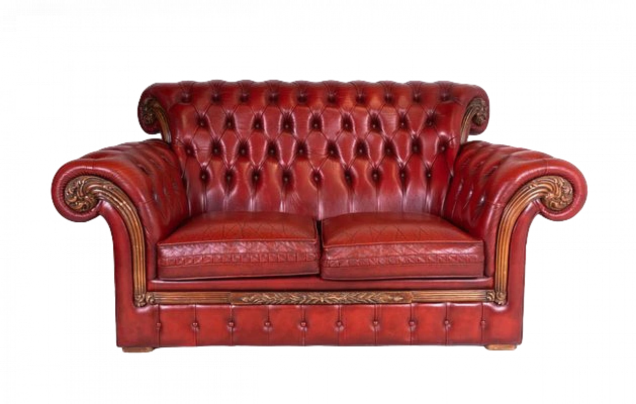 Two seater Chesterfield sofa in real red leather, 2000s 7