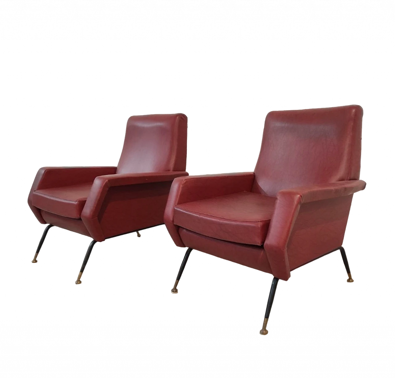 Pair of armchairs in skai, iron and brass, 1960s 10